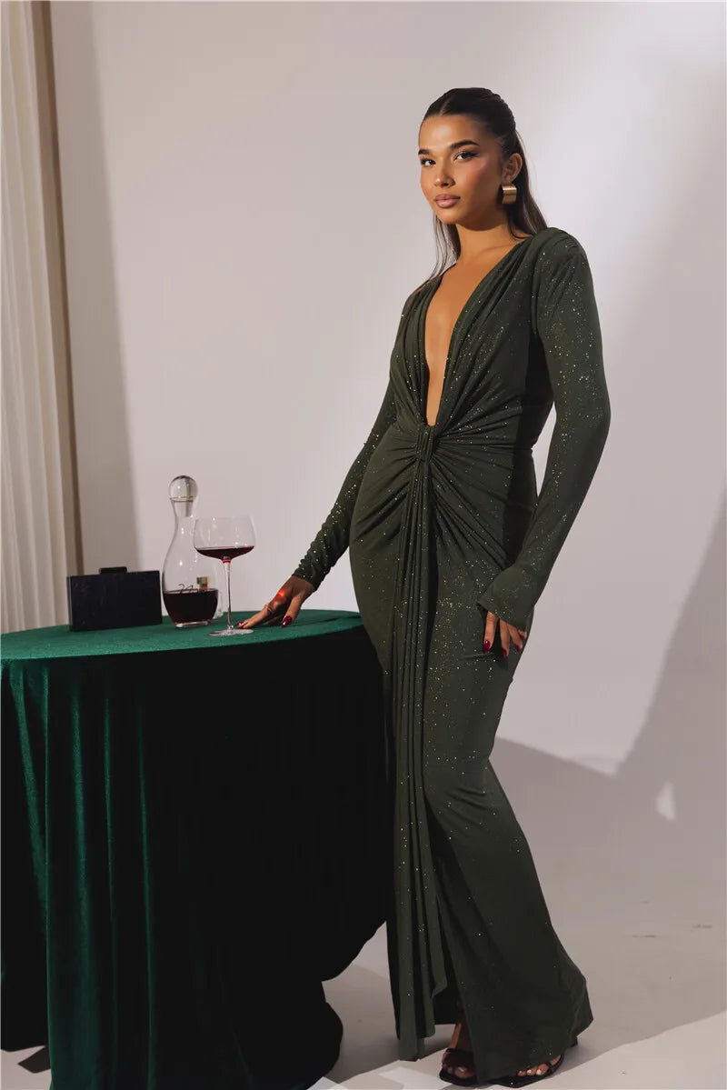 Veronika™ | Shiny Bodycon Dress with Deep Neckline