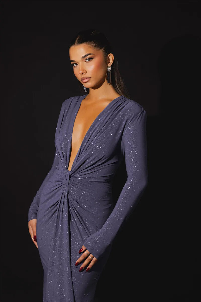 Veronika™ | Shiny Bodycon Dress with Deep Neckline