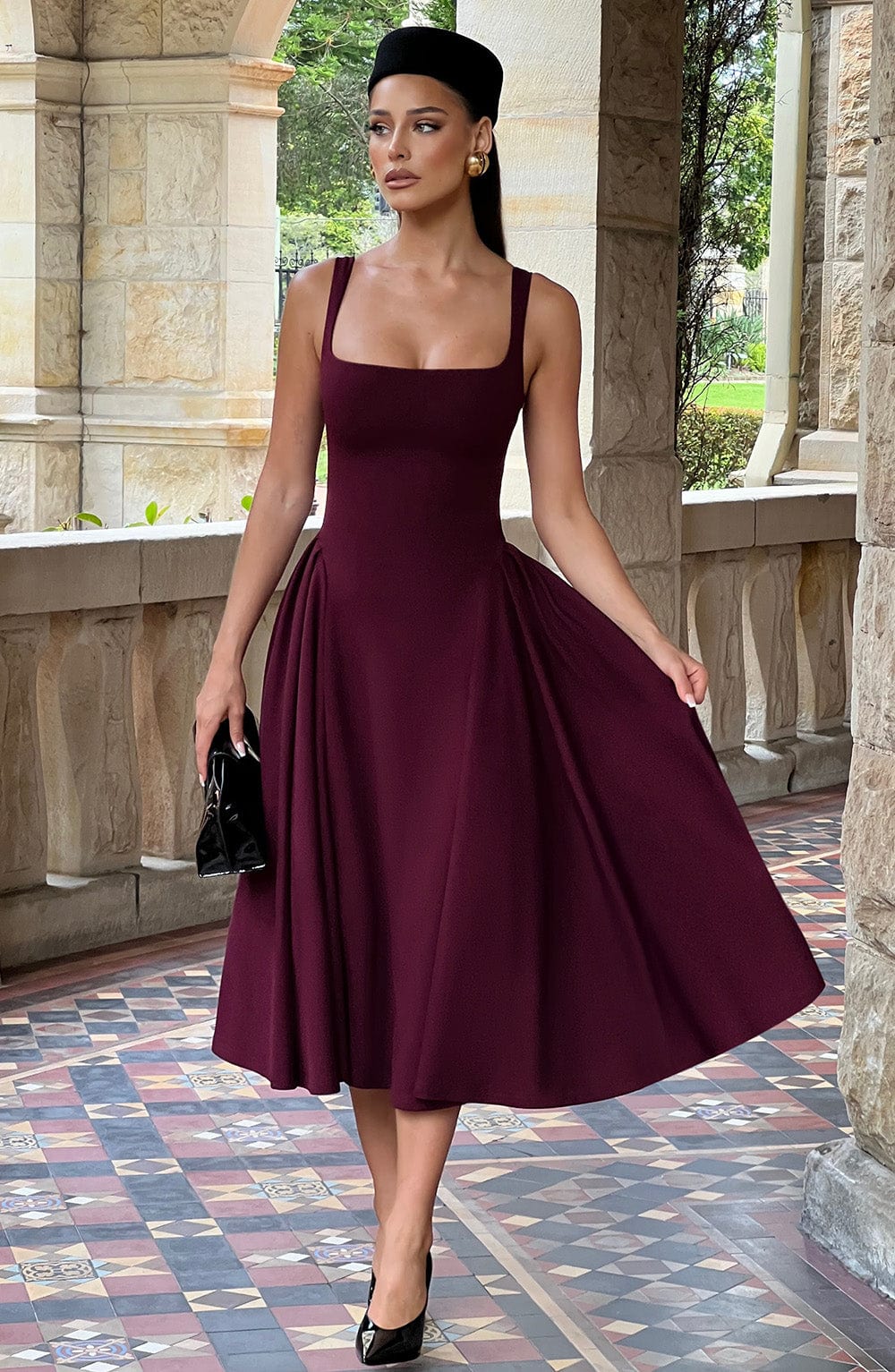 Marivelle™ – Cherry Midi Dress with Pleated Panels