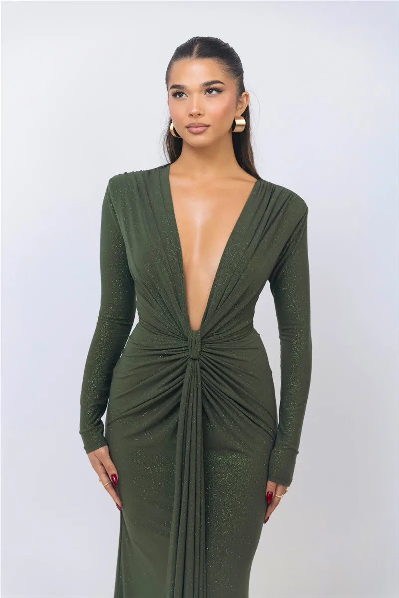 Veronika™ | Shiny Bodycon Dress with Deep Neckline