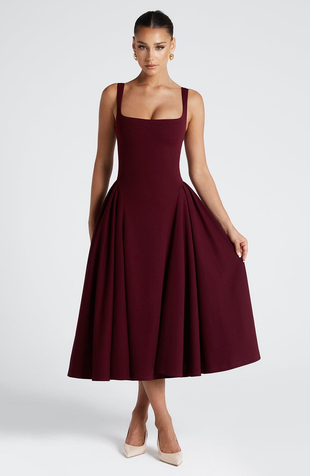 Marivelle™ – Cherry Midi Dress with Pleated Panels