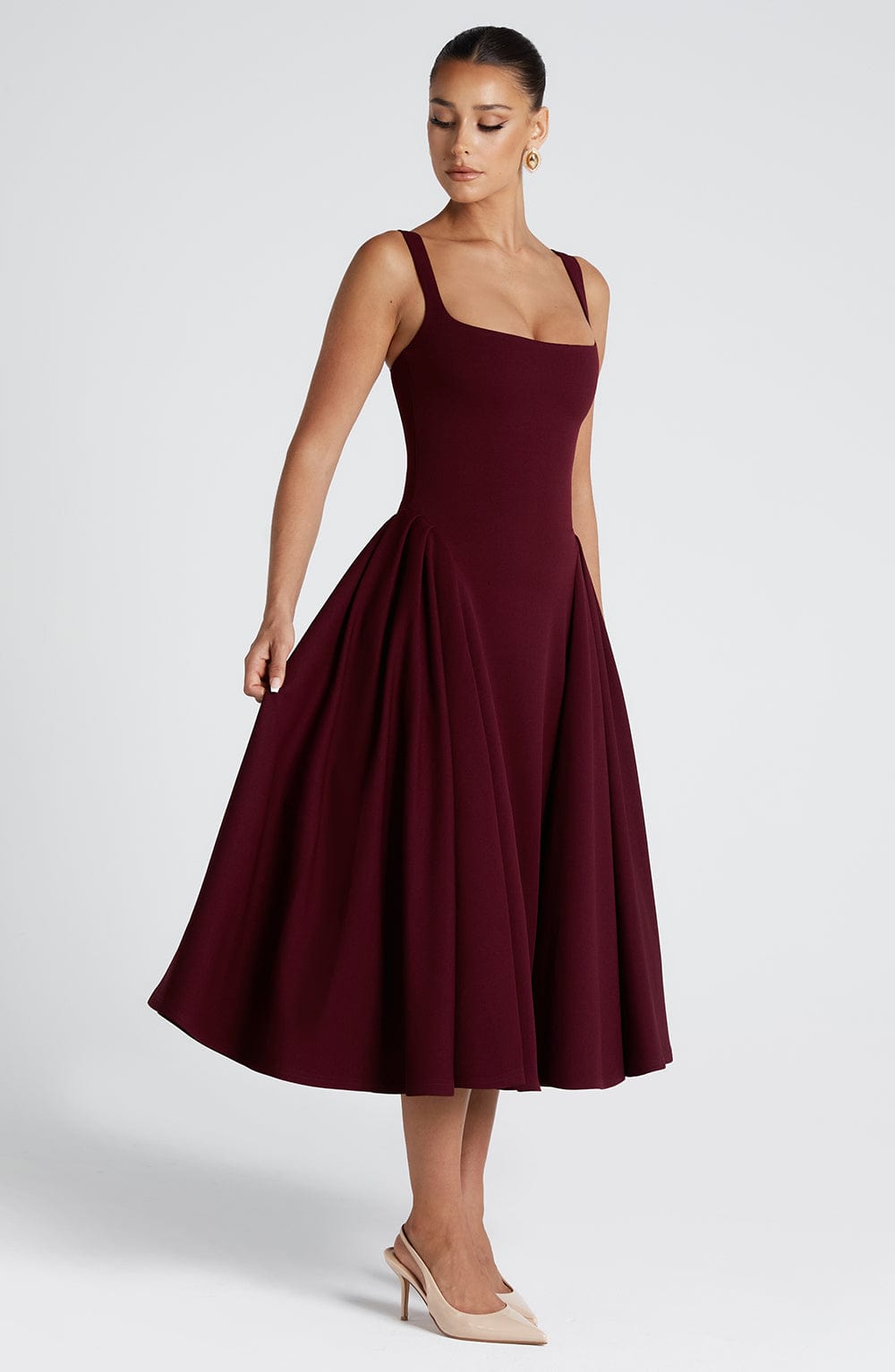 Marivelle™ – Cherry Midi Dress with Pleated Panels