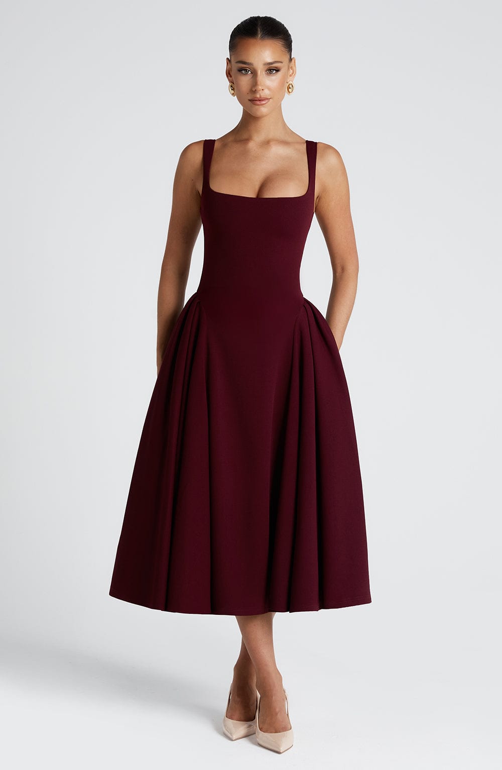 Marivelle™ – Cherry Midi Dress with Pleated Panels