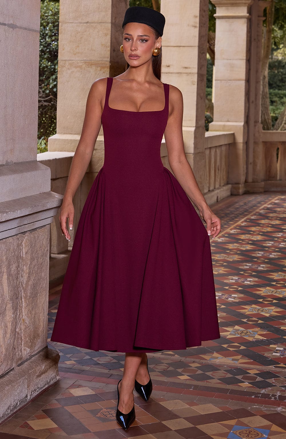 Marivelle™ – Cherry Midi Dress with Pleated Panels
