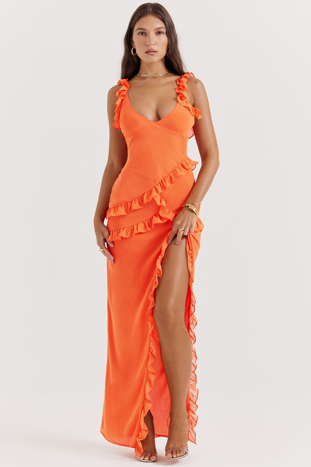 Riana™ Flowing Dress with Ruffles and Water Neckline