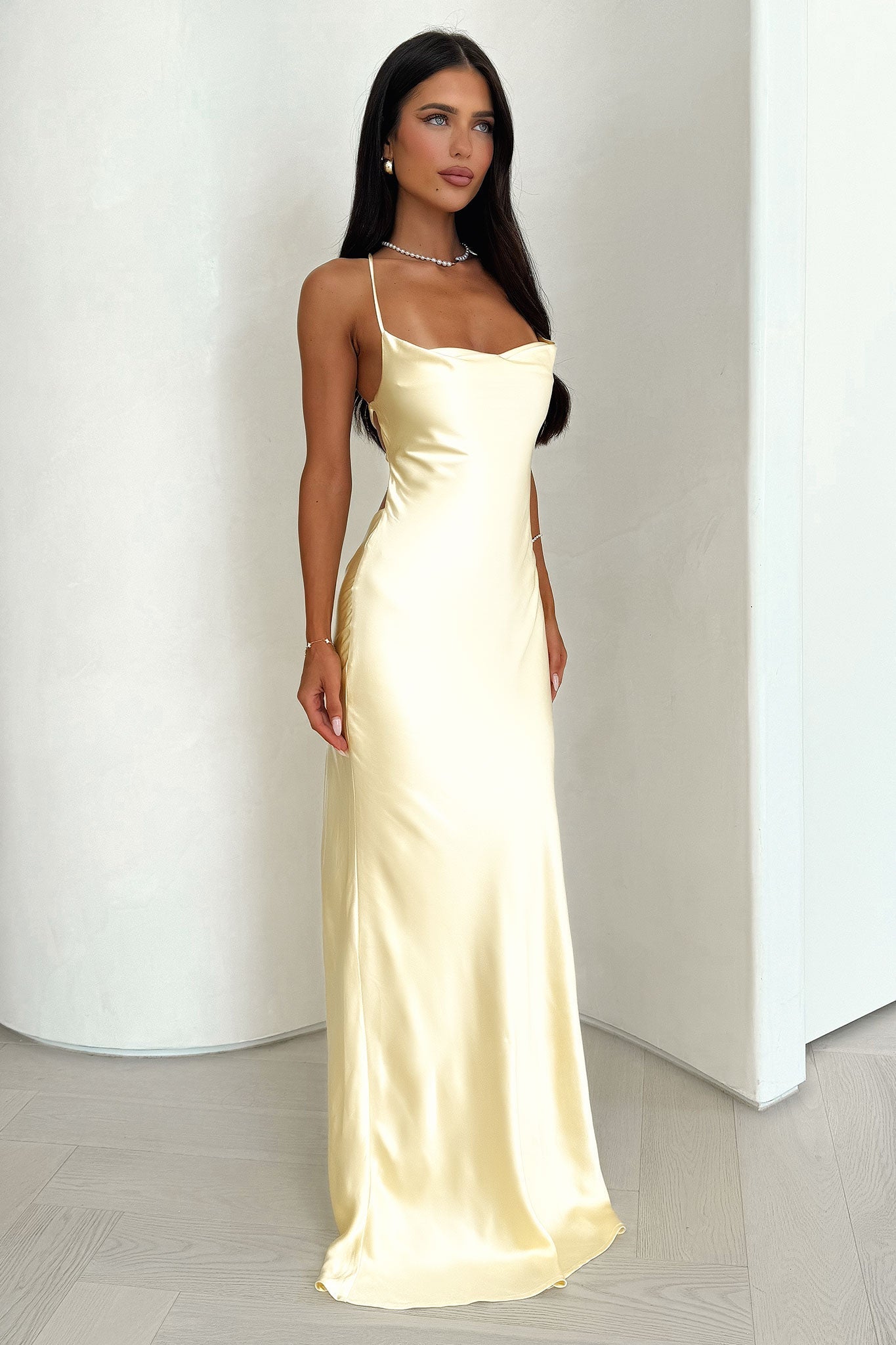 Celestina™ – Satin Maxi Dress with Water Neckline