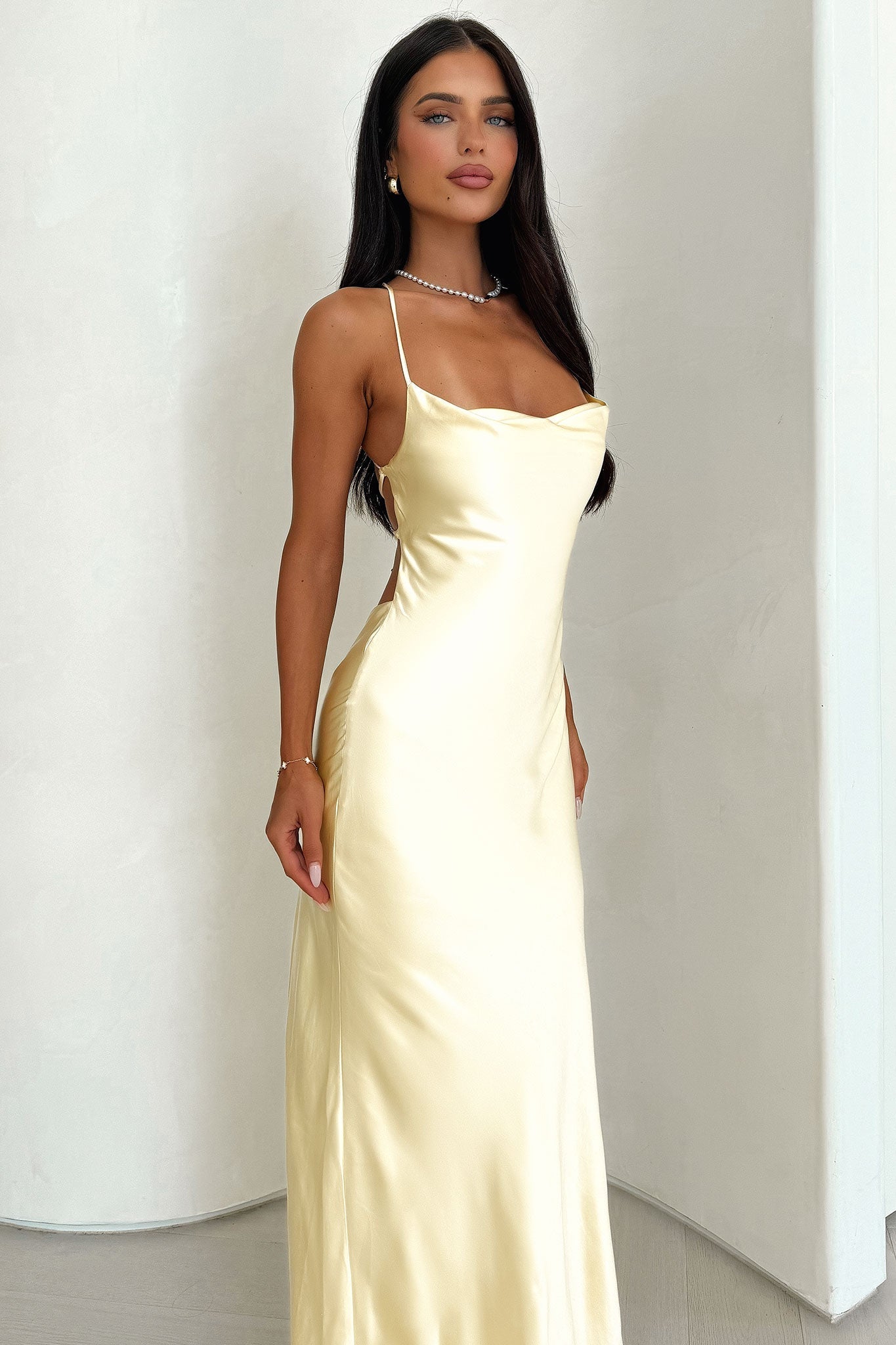 Celestina™ – Satin Maxi Dress with Water Neckline